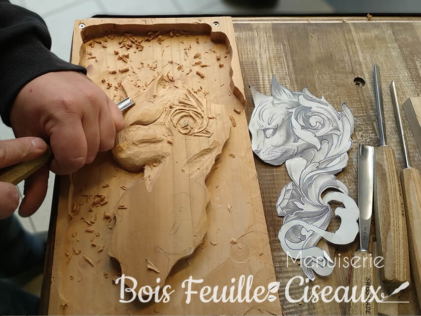 Sculpture sur Bois d'une tête de chat